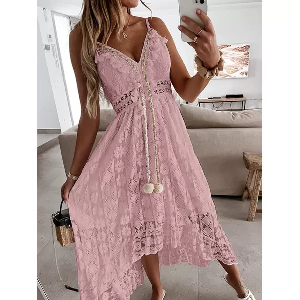 imageCUPSHE Womens Lace Up Dresses Boho Tassel VNeck Flare Ruffle BeachPink