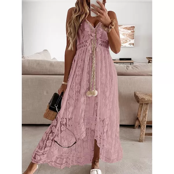 imageCUPSHE Womens Lace Up Dresses Boho Tassel VNeck Flare Ruffle BeachPink