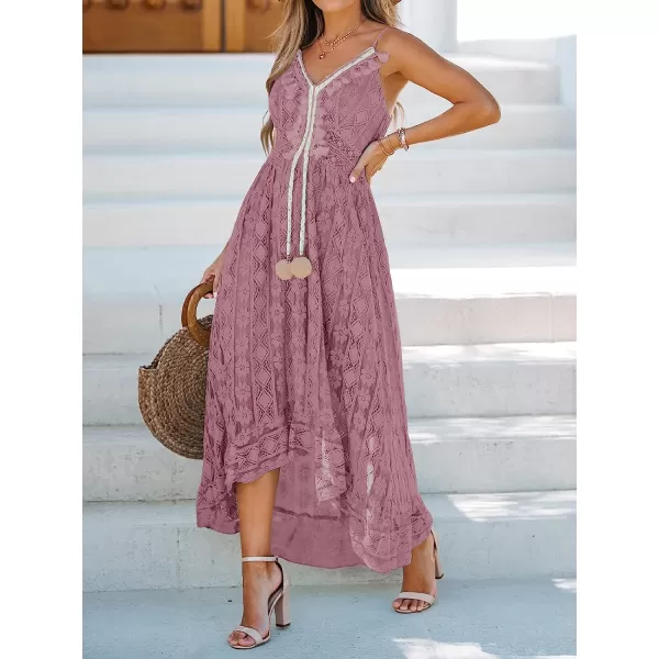 imageCUPSHE Womens Lace Up Dresses Boho Tassel VNeck Flare Ruffle BeachRust Red