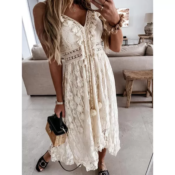 imageCUPSHE Womens Lace Up Dresses Boho Tassel VNeck Flare Ruffle BeachWhite