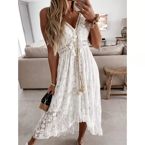 imageCUPSHE Womens Lace Up Dresses Boho Tassel VNeck Flare Ruffle BeachWhite