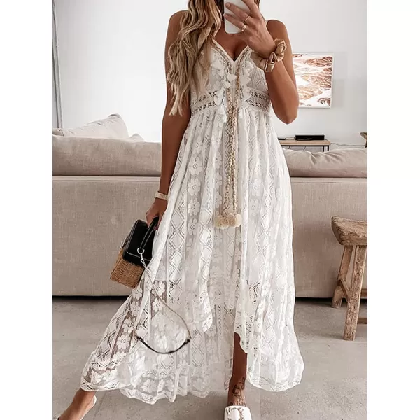 imageCUPSHE Womens Lace Up Dresses Boho Tassel VNeck Flare Ruffle BeachWhite