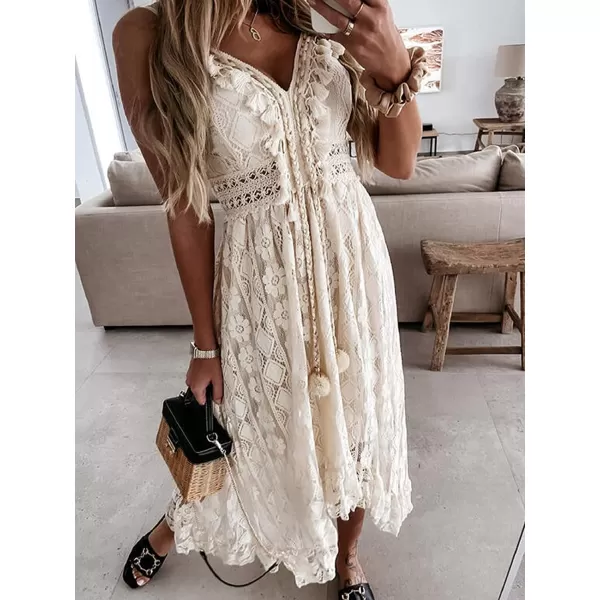 imageCUPSHE Womens Lace Up Dresses Boho Tassel VNeck Flare Ruffle BeachWhite