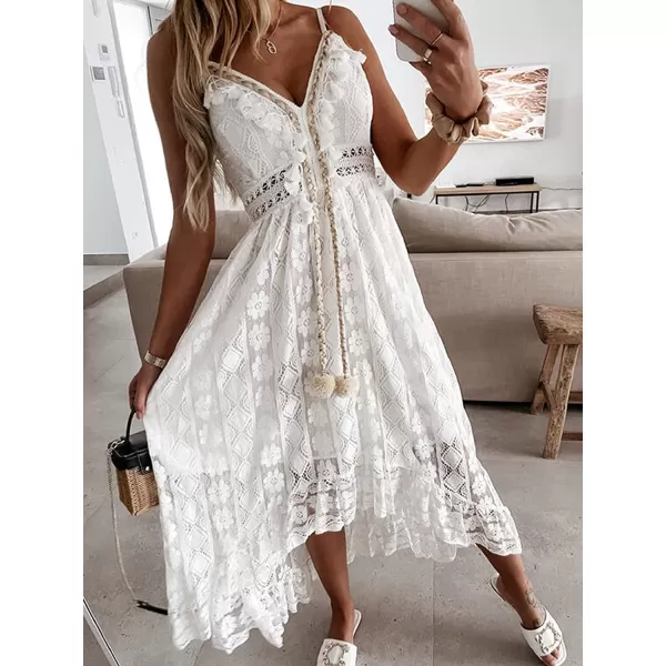 imageCUPSHE Womens Lace Up Dresses Boho Tassel VNeck Flare Ruffle BeachWhite