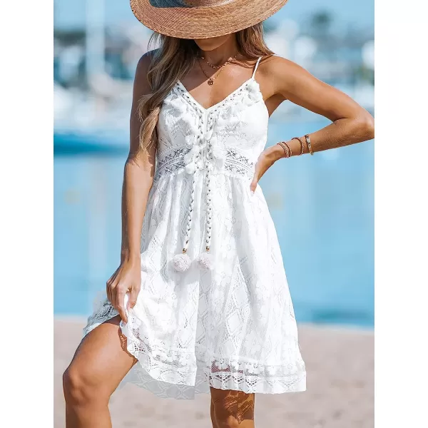 imageCUPSHE Womens Lace Up Dresses Boho Tassel VNeck Flare Ruffle BeachWhitemini