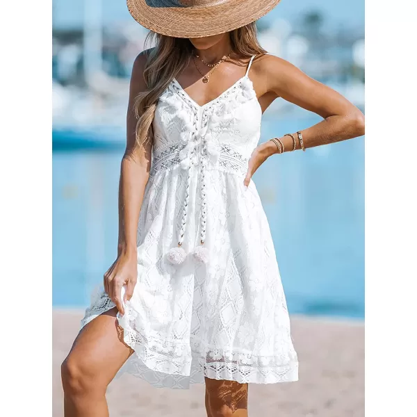 imageCUPSHE Womens Lace Up Dresses Boho Tassel VNeck Flare Ruffle BeachWhitemini