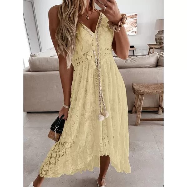 imageCUPSHE Womens Lace Up Dresses Boho Tassel VNeck Flare Ruffle BeachYellow