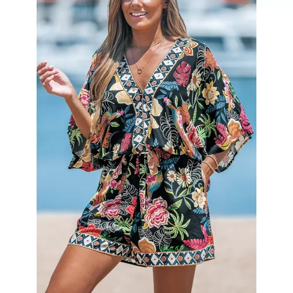 imageCUPSHE Womens Lace Up Leopard Print Romper Short Sleeves Jumpsuits Wide leg OutfitBlack Floral
