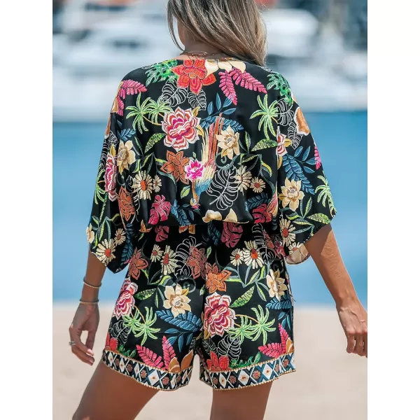imageCUPSHE Womens Lace Up Leopard Print Romper Short Sleeves Jumpsuits Wide leg OutfitBlack Floral