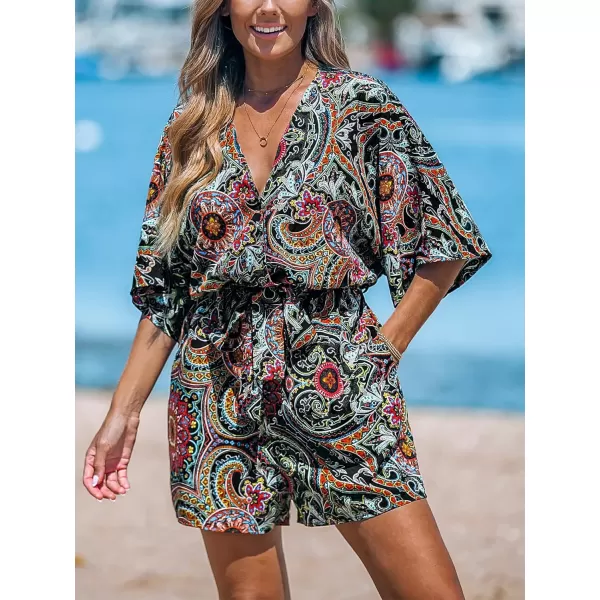 imageCUPSHE Womens Lace Up Leopard Print Romper Short Sleeves Jumpsuits Wide leg OutfitBlack Paisley