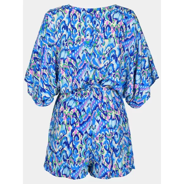 imageCUPSHE Womens Lace Up Leopard Print Romper Short Sleeves Jumpsuits Wide leg OutfitBlue