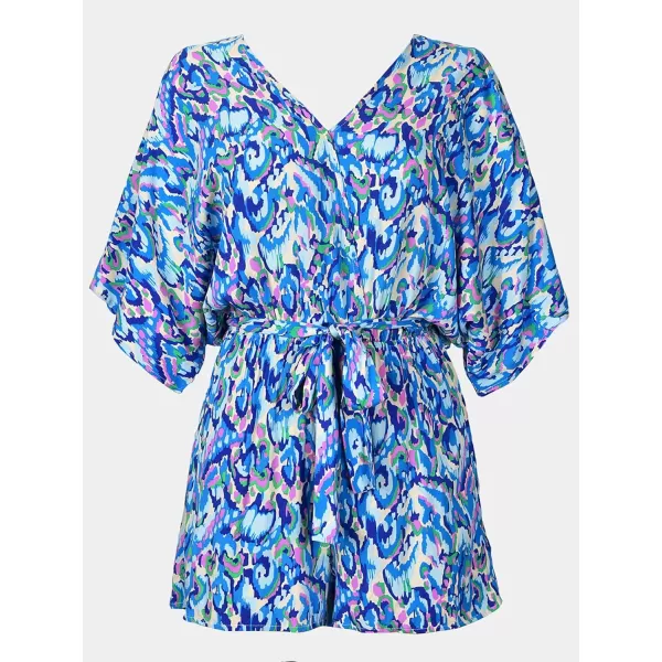 imageCUPSHE Womens Lace Up Leopard Print Romper Short Sleeves Jumpsuits Wide leg OutfitBlue