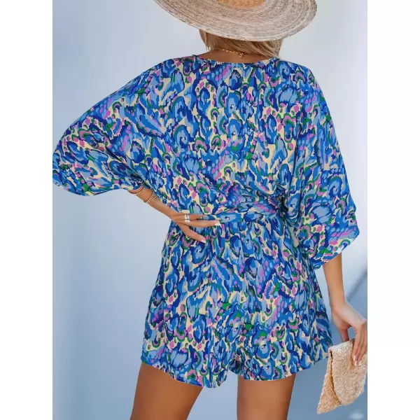 imageCUPSHE Womens Lace Up Leopard Print Romper Short Sleeves Jumpsuits Wide leg OutfitBlue