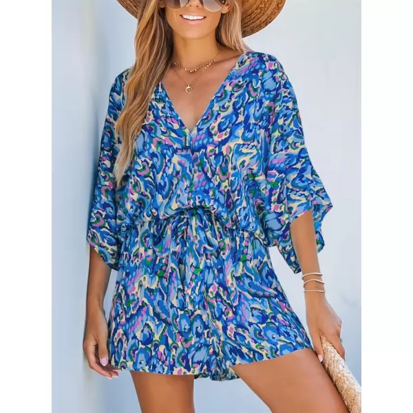 imageCUPSHE Womens Lace Up Leopard Print Romper Short Sleeves Jumpsuits Wide leg OutfitBlue
