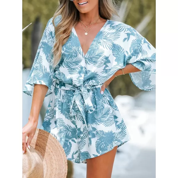 imageCUPSHE Womens Lace Up Leopard Print Romper Short Sleeves Jumpsuits Wide leg OutfitBlue Floral