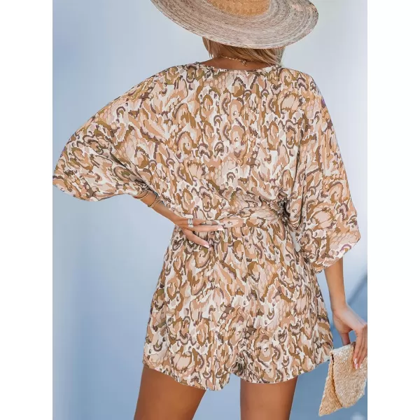 imageCUPSHE Womens Lace Up Leopard Print Romper Short Sleeves Jumpsuits Wide leg OutfitCoffee Printed