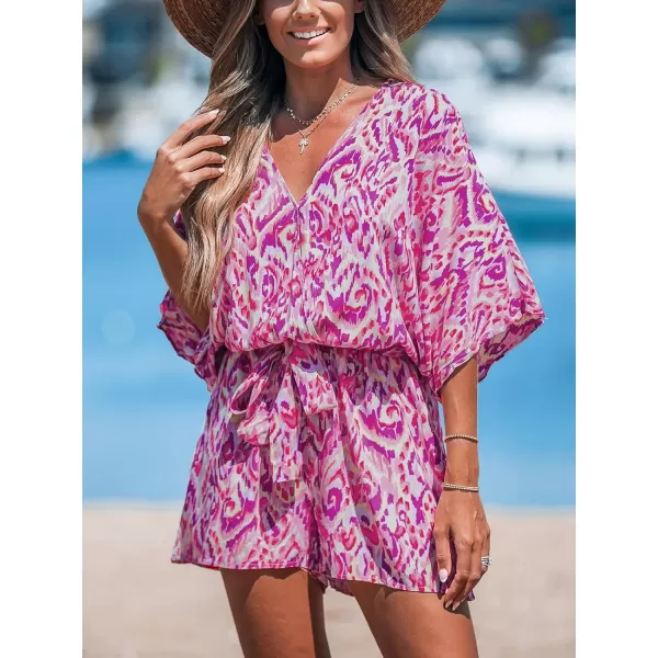 imageCUPSHE Womens Lace Up Leopard Print Romper Short Sleeves Jumpsuits Wide leg OutfitFuchsia