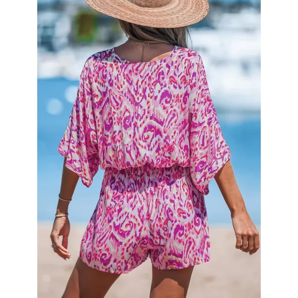 imageCUPSHE Womens Lace Up Leopard Print Romper Short Sleeves Jumpsuits Wide leg OutfitFuchsia