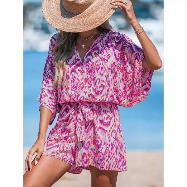 imageCUPSHE Womens Lace Up Leopard Print Romper Short Sleeves Jumpsuits Wide leg OutfitFuchsia