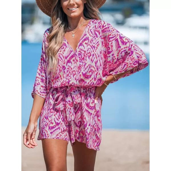 imageCUPSHE Womens Lace Up Leopard Print Romper Short Sleeves Jumpsuits Wide leg OutfitFuchsia
