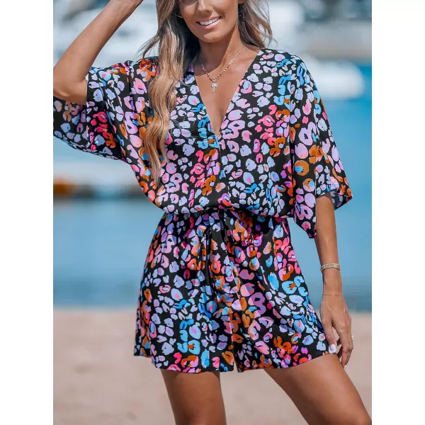 imageCUPSHE Womens Lace Up Leopard Print Romper Short Sleeves Jumpsuits Wide leg OutfitPinkBlue