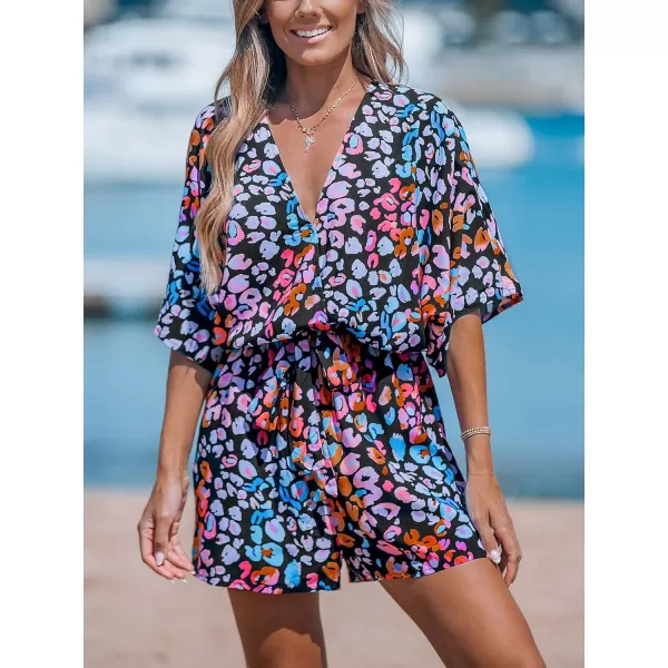 imageCUPSHE Womens Lace Up Leopard Print Romper Short Sleeves Jumpsuits Wide leg OutfitPinkBlue