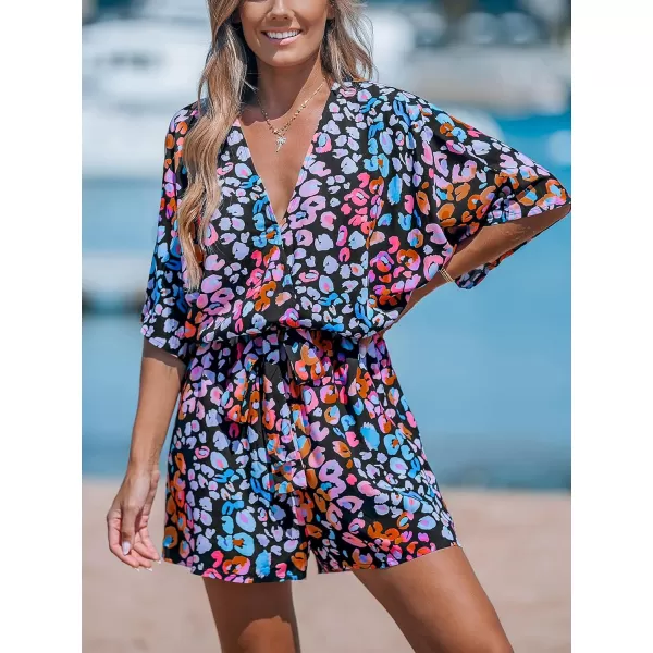 imageCUPSHE Womens Lace Up Leopard Print Romper Short Sleeves Jumpsuits Wide leg OutfitPinkBlue