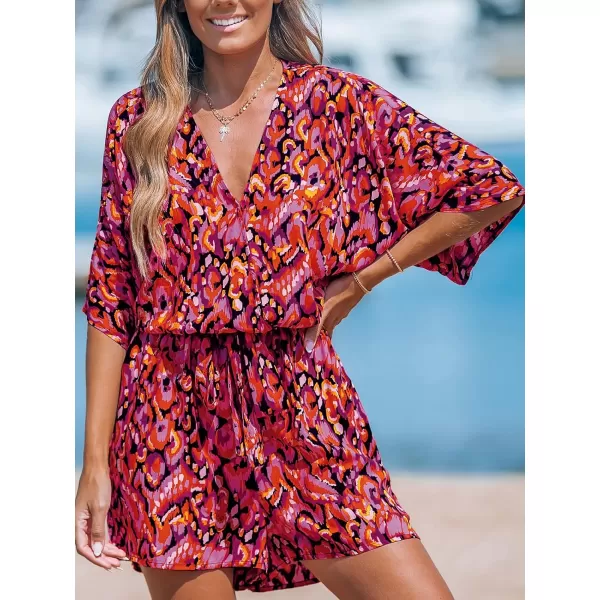 imageCUPSHE Womens Lace Up Leopard Print Romper Short Sleeves Jumpsuits Wide leg OutfitRed