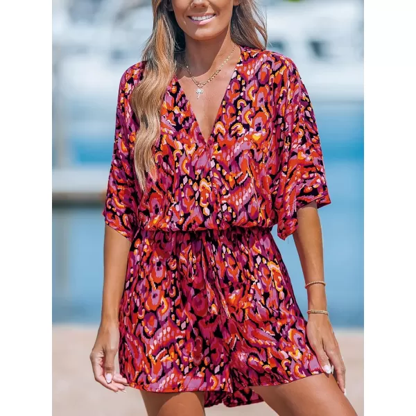 imageCUPSHE Womens Lace Up Leopard Print Romper Short Sleeves Jumpsuits Wide leg OutfitRed