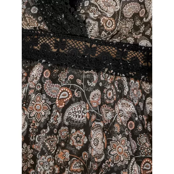 imageCUPSHE Womens Lace V Neck Boho Paisley Print Long Sleeve Mini Dress Ruffled Hem Casual A Line Short DressBlack