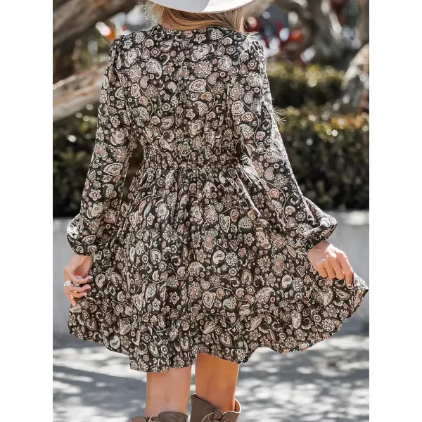 imageCUPSHE Womens Lace V Neck Boho Paisley Print Long Sleeve Mini Dress Ruffled Hem Casual A Line Short DressBlack