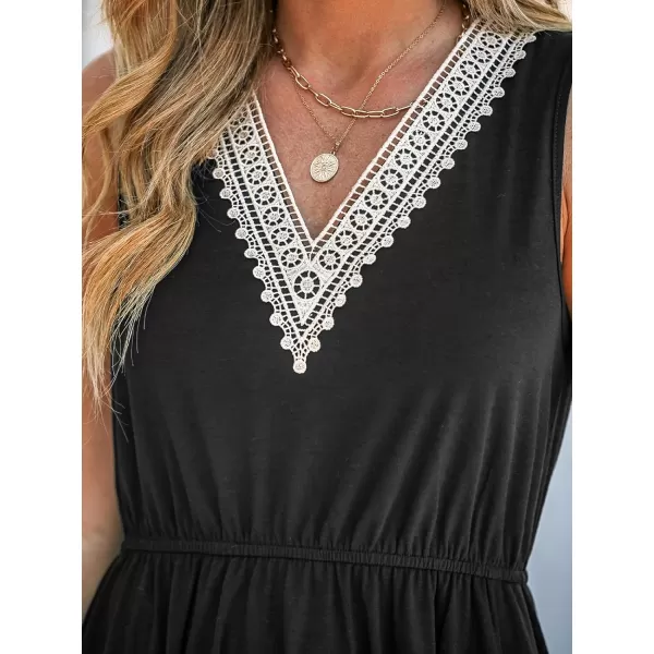 imageCUPSHE Womens Lace V Neck Dress Sleeveless Cinched Waist Dresses with PocketsBlack