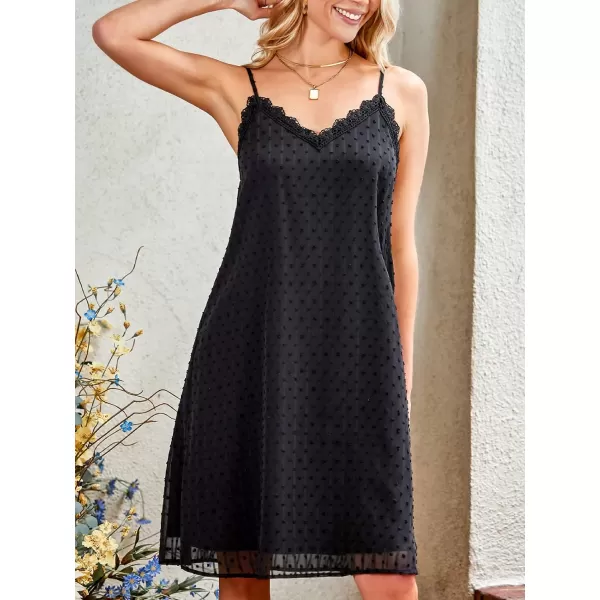 imageCUPSHE Womens Lace V Neck Short Length Dresses Slip Sleeveless Summer Mini Dress with Clip DotBlack