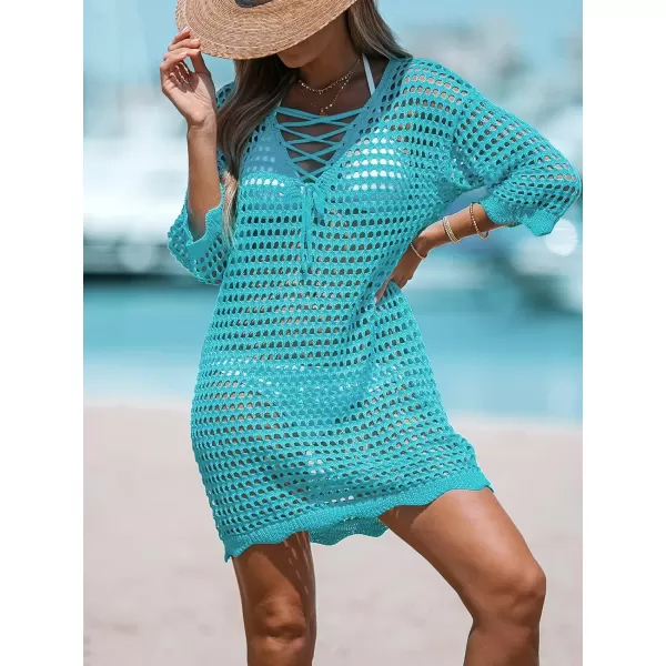 imageCUPSHE Womens LaceUp Cutout Cover Up Dress Short Sleeve Scalloped Trim Knit Beach Mini DressBlue