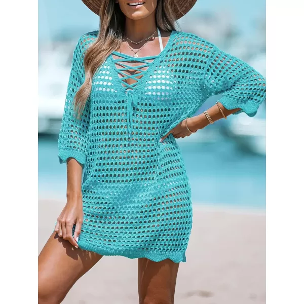 imageCUPSHE Womens LaceUp Cutout Cover Up Dress Short Sleeve Scalloped Trim Knit Beach Mini DressBlue