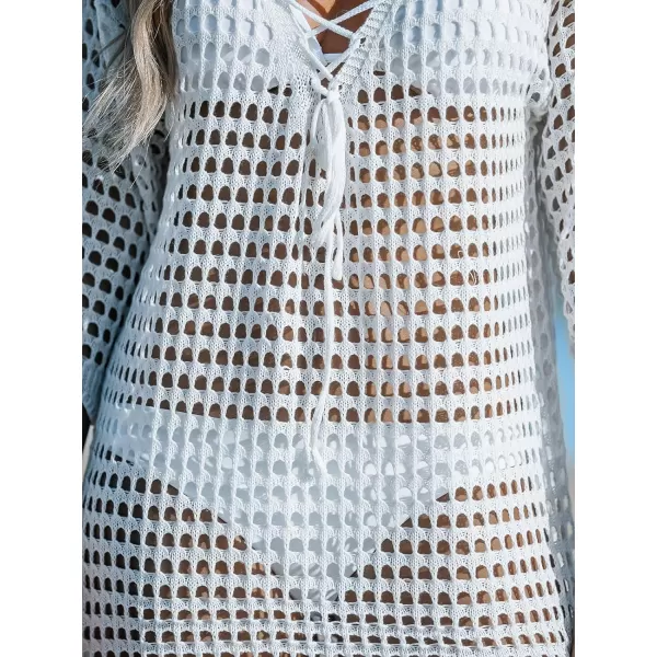 imageCUPSHE Womens LaceUp Cutout Cover Up Dress Short Sleeve Scalloped Trim Knit Beach Mini DressWhite