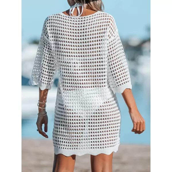 imageCUPSHE Womens LaceUp Cutout Cover Up Dress Short Sleeve Scalloped Trim Knit Beach Mini DressWhite