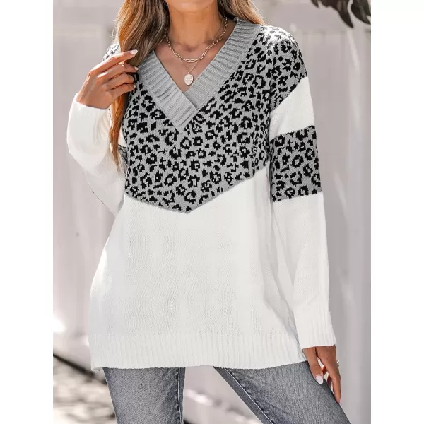 imageCUPSHE Womens Leopard Colorblock Sweater Winter Casual Long Sleeve VNeck Pullover SweatersGrey