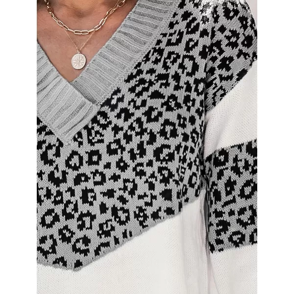 imageCUPSHE Womens Leopard Colorblock Sweater Winter Casual Long Sleeve VNeck Pullover SweatersGrey