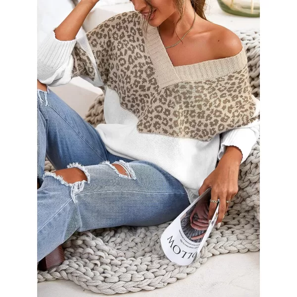 imageCUPSHE Womens Leopard Colorblock Sweater Winter Casual Long Sleeve VNeck Pullover SweatersLeopard