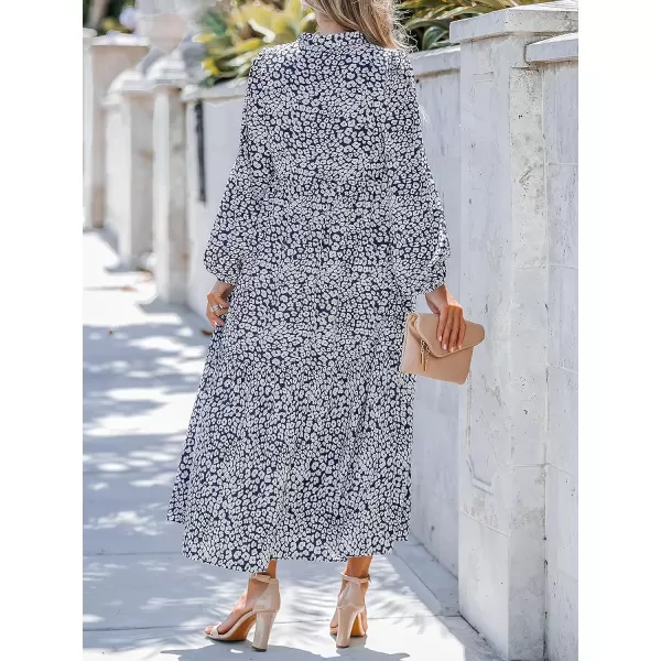 imageCUPSHE Womens Leopard Print Long Sleeve V Neck Woven Ruffled Maxi Dress Casual A Line Long Chiffon DressNavy Blue