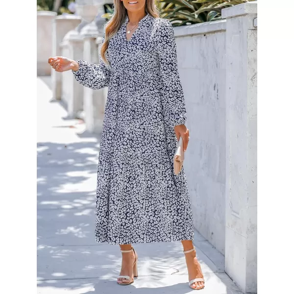 imageCUPSHE Womens Leopard Print Long Sleeve V Neck Woven Ruffled Maxi Dress Casual A Line Long Chiffon DressNavy Blue