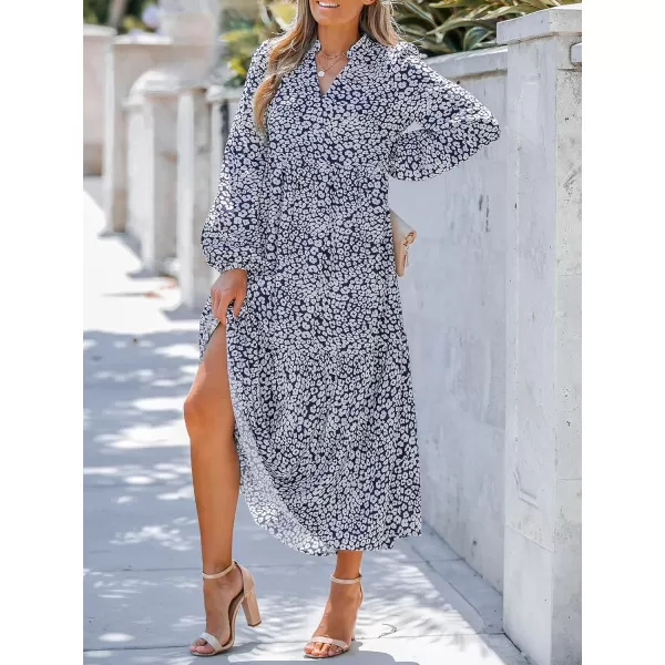 imageCUPSHE Womens Leopard Print Long Sleeve V Neck Woven Ruffled Maxi Dress Casual A Line Long Chiffon DressNavy Blue