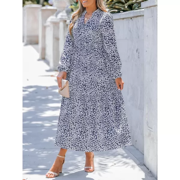 imageCUPSHE Womens Leopard Print Long Sleeve V Neck Woven Ruffled Maxi Dress Casual A Line Long Chiffon DressNavy Blue