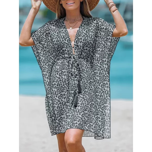 imageCUPSHE Womens Leopard Print Tie Front Chiffon CoverUp Dress Plunging Neck Mini Dress with 34 Dolman SleevesBlack Leopard