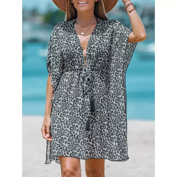 imageCUPSHE Womens Leopard Print Tie Front Chiffon CoverUp Dress Plunging Neck Mini Dress with 34 Dolman SleevesBlack Leopard