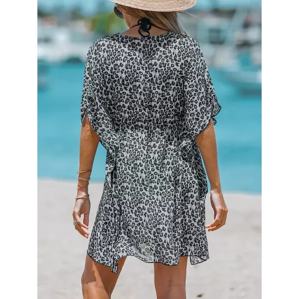 imageCUPSHE Womens Leopard Print Tie Front Chiffon CoverUp Dress Plunging Neck Mini Dress with 34 Dolman SleevesBlack Leopard