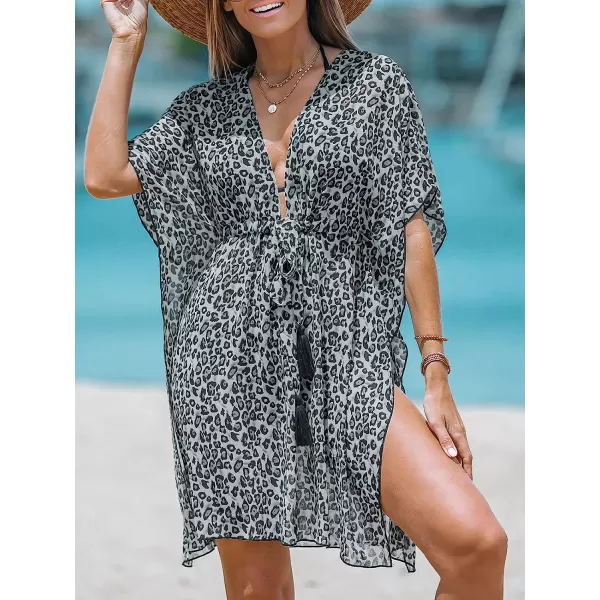 imageCUPSHE Womens Leopard Print Tie Front Chiffon CoverUp Dress Plunging Neck Mini Dress with 34 Dolman SleevesBlack Leopard