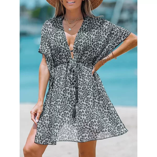 imageCUPSHE Womens Leopard Print Tie Front Chiffon CoverUp Dress Plunging Neck Mini Dress with 34 Dolman SleevesBlack Leopard