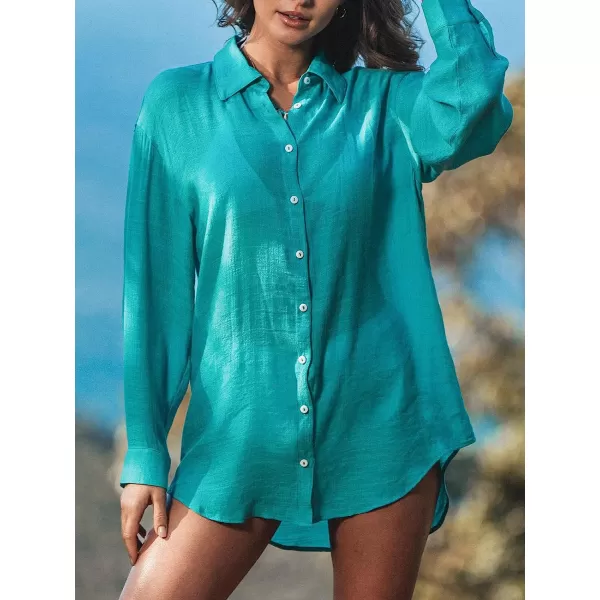 imageCUPSHE Womens Long Sleeve Button Front CoverUp ShirtPeacock Green